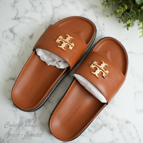 NIB Tory Burch Everly Anatomic Lug Nappa Leather Slide Sandal in Bourbon/Coconut - Picture 2 of 11